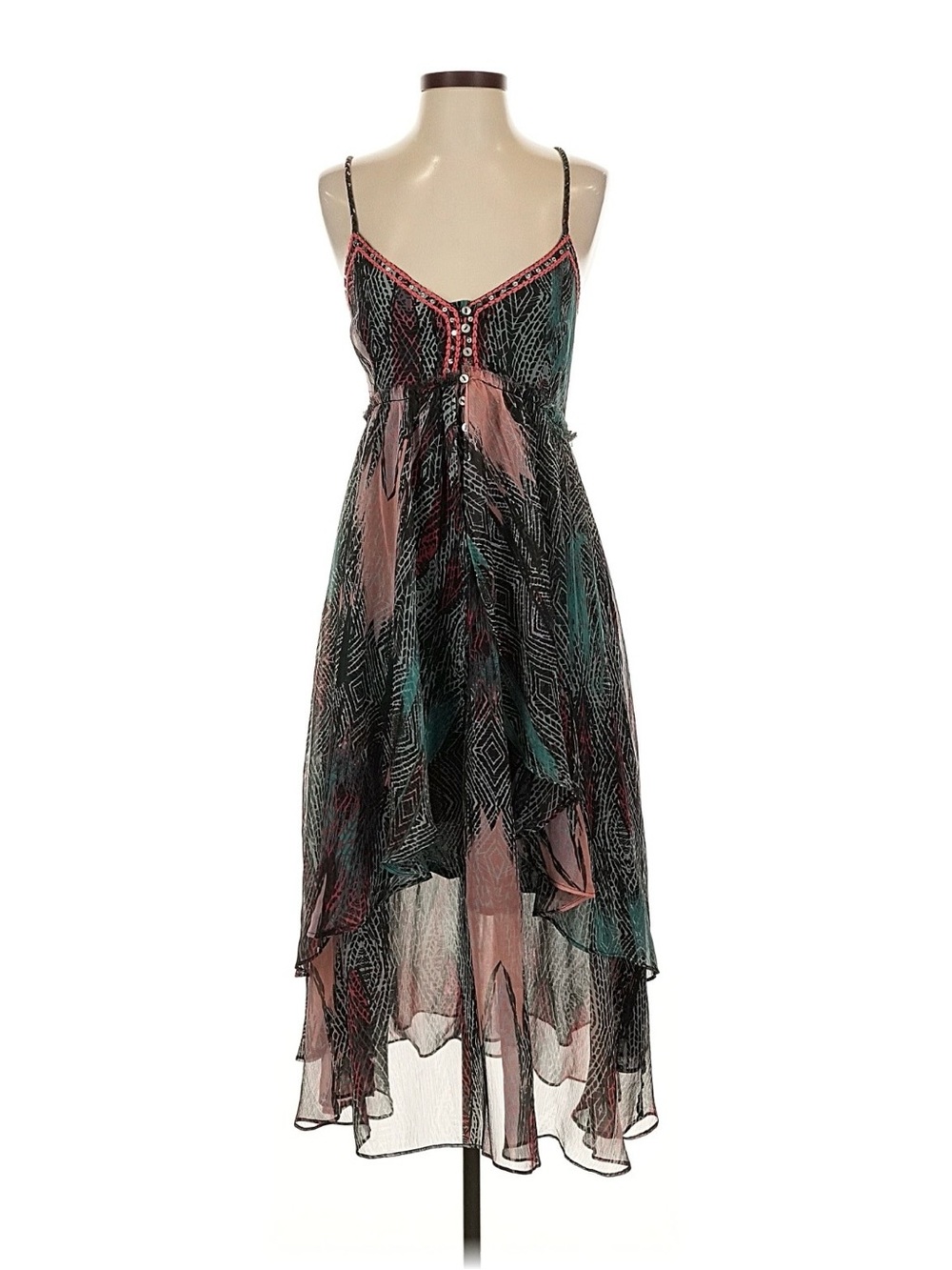 Rare Free People Spaghetti-Strap High-Low Dress in Teal and Mauve